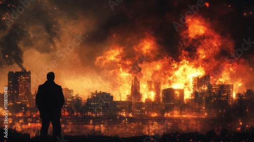 Dramatic illustration of a man looking at a city on fire