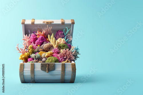 nderwater treasure chest surrounded by vibrant coral, colorful fish, and marine life, creating a magical and enchanting ocean scene. Perfect for themes of adventure, mystery, and underwater banner web photo