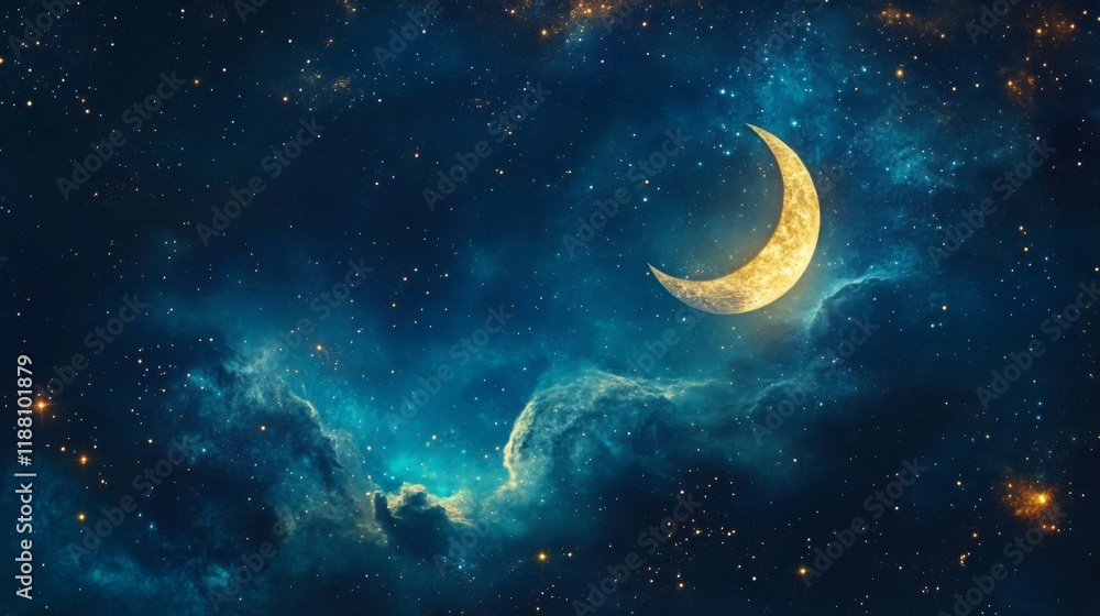 Fototapeta premium Golden Crescent Moon In A Starry Night Sky