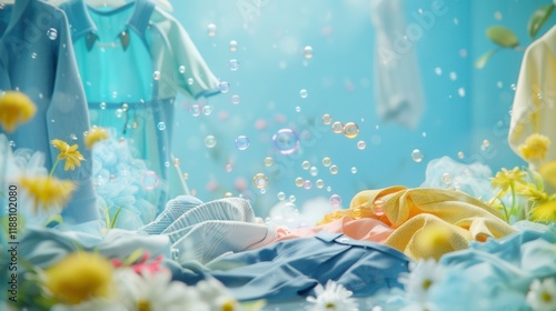 Playful laundry day Delightful pastel clothes swirl in a sea of detergent bubbles Flowers bloom adding a whimsical touch.  A happy clean feeling.