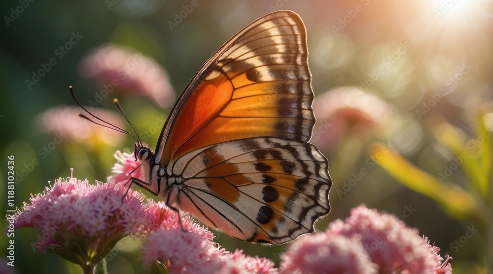 Obraz premium A brightly colored butterfly sits delicately on a vibrant pink flower in a serene garden setting. The warm afternoon sunlight creates a charming atmosphere perfect for a romantic, macro photo