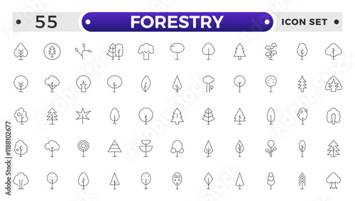 Tree and Forest outline Icon Pack. Modern Collection for Design, Web Sites, Apps, Cards. Contains Linear Images of Deciduous and Coniferous Trees.