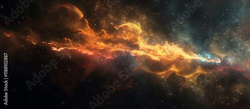 Abstract nebula with colorful smoke and dust clouds, dark black with golden glow, bokeh effect, 80mm lens, dramatic lighting, high resolution. photo