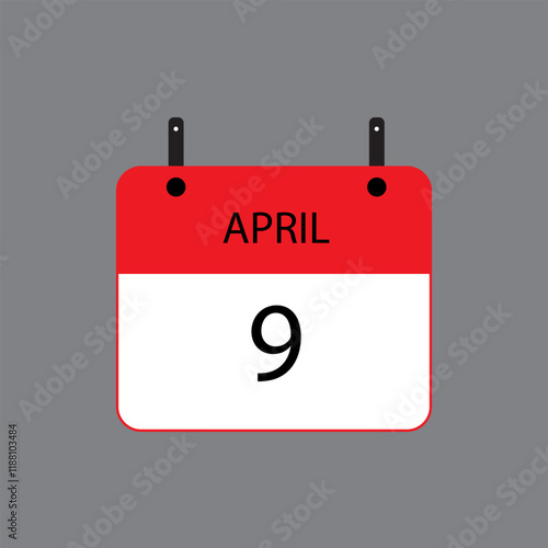 Calendar icon with April 9 date on grey background. Vector schedule symbol.