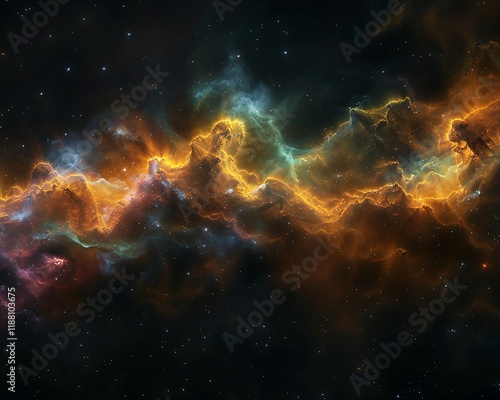 Abstract nebula with colorful smoke and dust clouds, dark black with golden glow, hyper-detailed, bokeh effect, 80mm lens, soft light. photo