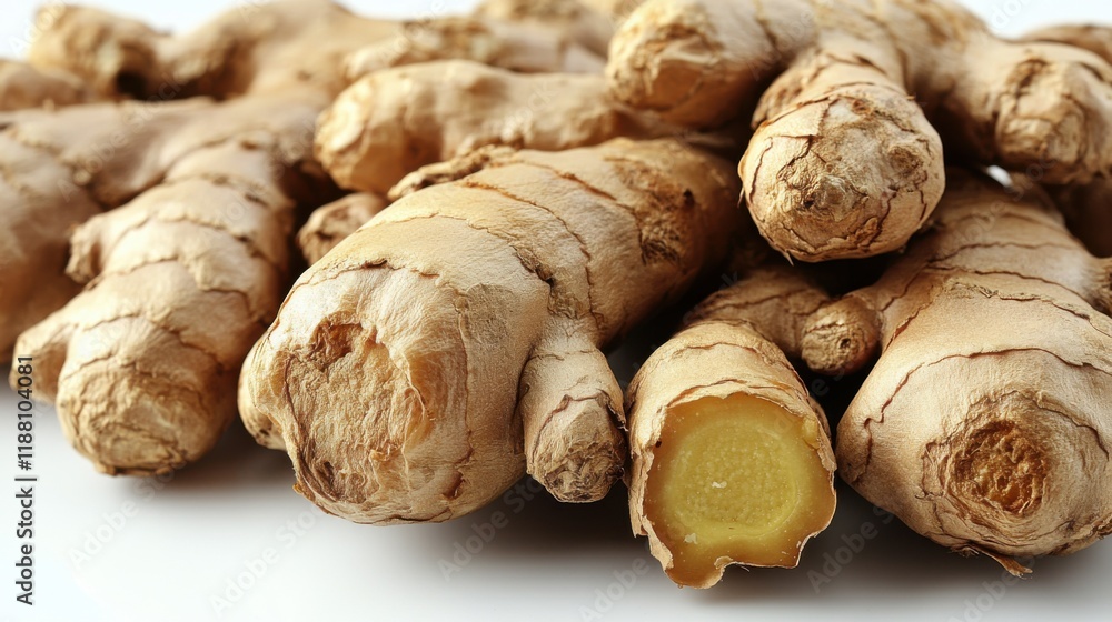 Fresh ginger root, isolated on a white background with a focus on its unique texture. Fresh ginger root, isolated on a white background with a focus on its unique texture.