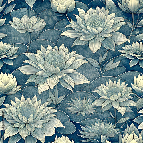 A seamless pattern of white flowers on a blue background.