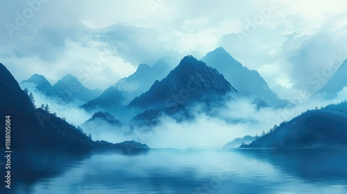 Wallpaper Mural Serene Blue Landscape with Mountain Peaks and Misty Reflections Torontodigital.ca