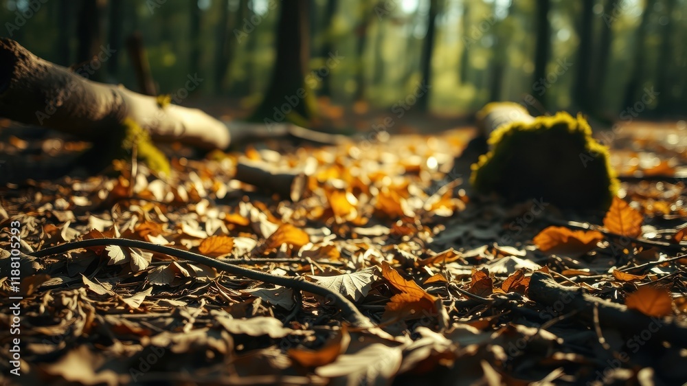 Golden leaves and branches on the forest floor, a glimpse of the sun through the trees Golden leaves and branches on the forest floor, a glimpse of the sun through the trees