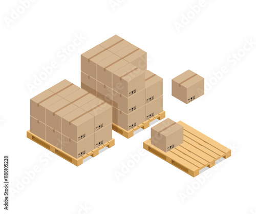 Isometric brown cardboard boxes on wooden pallet stock illustration