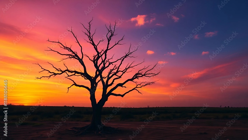 A solitary, gnarled bare tree stands tall against a vibrant orange and pink sunset sky with hues of purple and blue A solitary, gnarled bare tree stands tall against a vibrant orange and pink sunset sky with hues of purple and blue
