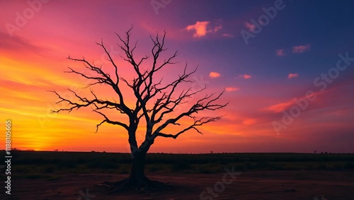 Wallpaper Mural A solitary, gnarled bare tree stands tall against a vibrant orange and pink sunset sky with hues of purple and blue Torontodigital.ca