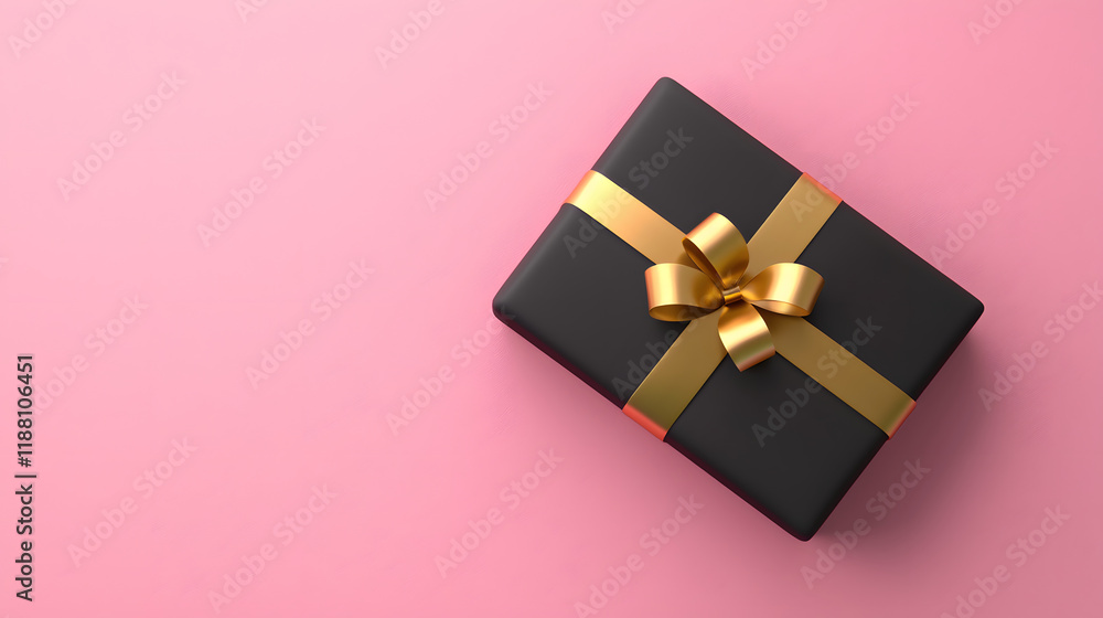 beautifully wrapped black gift box with shiny gold ribbon sits on pink background, perfect for any special occasion beautifully wrapped black gift box with shiny gold ribbon sits on pink background, perfect for any special occasion