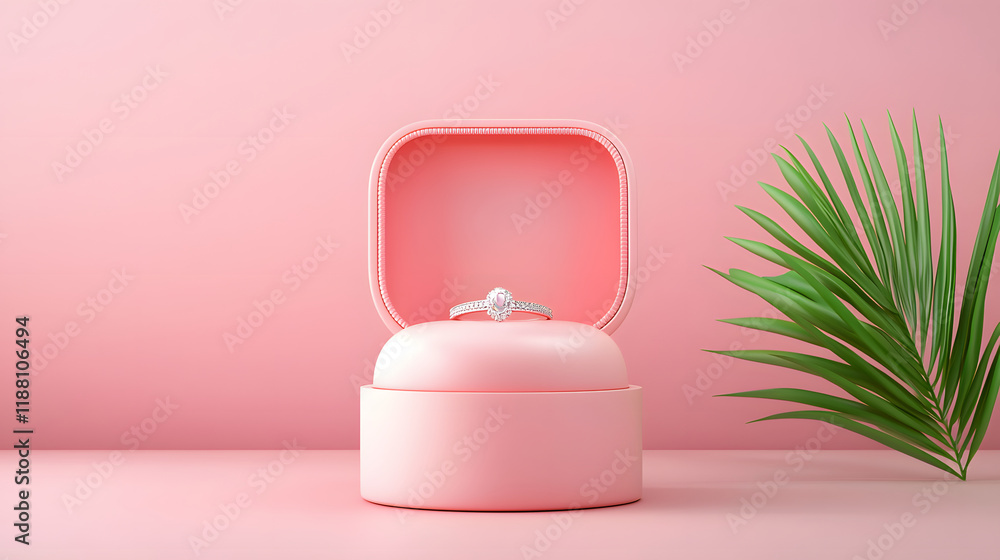 Elegant pink jewelry box with diamond ring inside, perfect for special occasions. soft color and design enhance beauty of ring, making it ideal gift Elegant pink jewelry box with diamond ring inside, perfect for special occasions. soft color and design enhance beauty of ring, making it ideal gift
