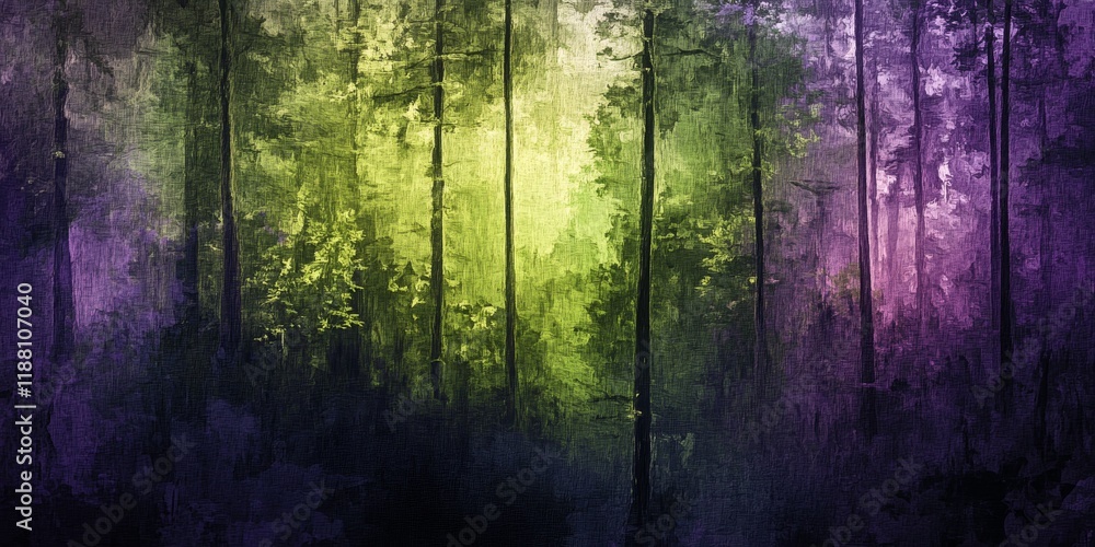 Naklejka premium Abstract forest background featuring a harmonious blend of green and purple tones, creating a captivating abstract forest scene that evokes tranquility and artistic expression in nature.