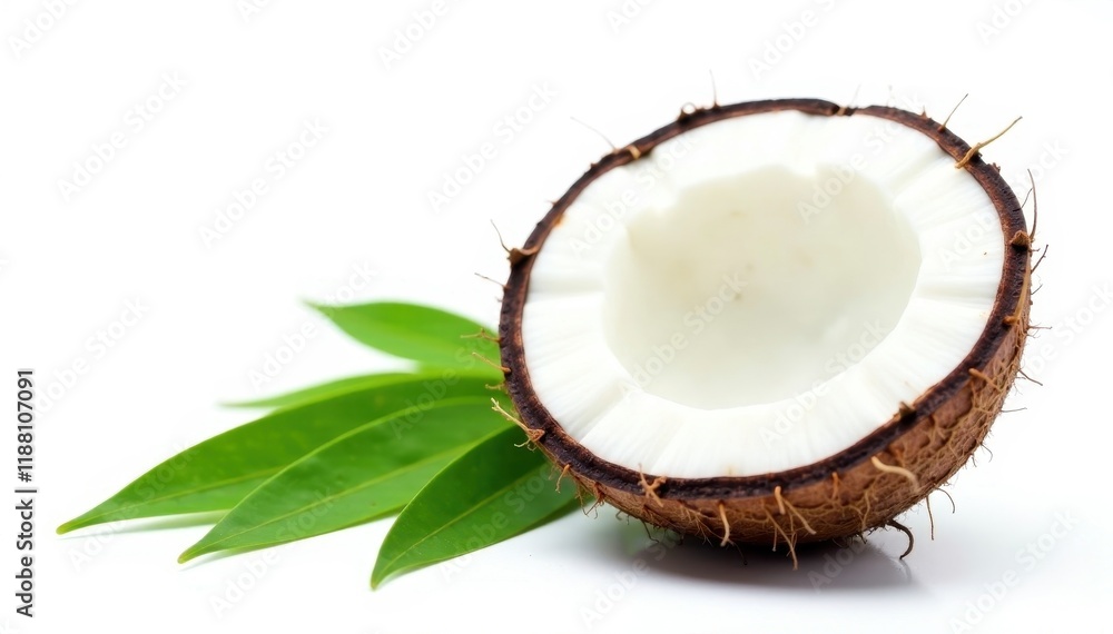 Halved coconut with green leaves, isolated on white , ingredient, palm tree, vegetarian Halved coconut with green leaves, isolated on white , ingredient, palm tree, vegetarian