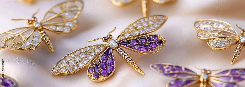 Fototapeta premium A collection of golden dragonfly and butterfly brooches with purple, white, and yellow gemstones on them, each featuring intricate honeycomb patterns.