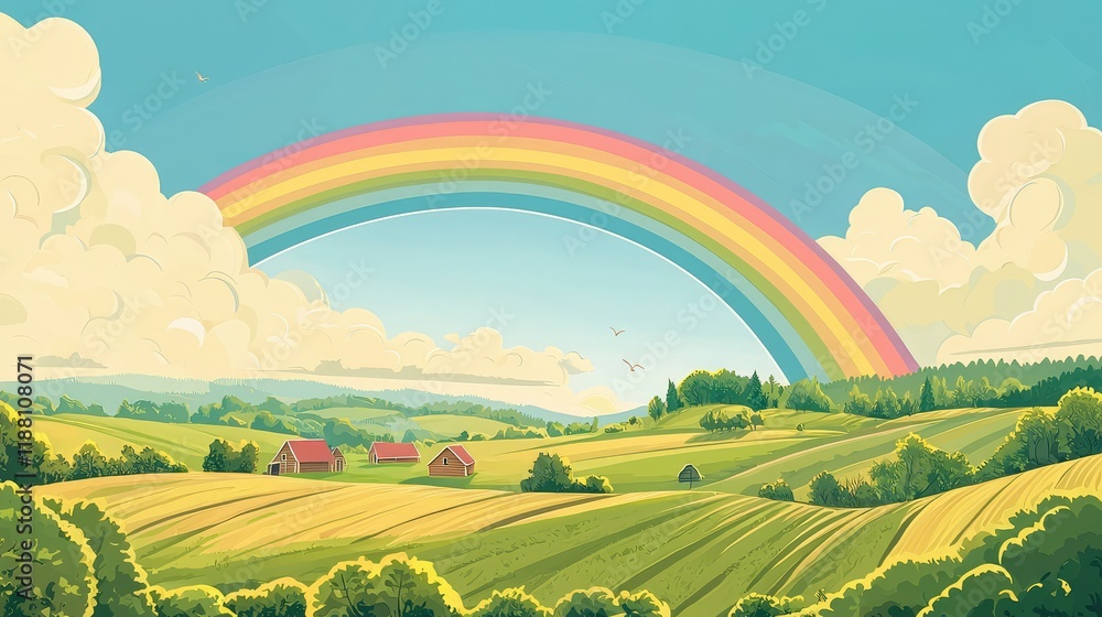 Obraz premium Colorful Rainbow Over Scenic Rural Landscape with Rolling Hills