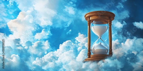 Hourglass Symbolizing the Passage of Time with Lush Clouds. An hourglass set against a radiant blue sky features fluffy white clouds drifting, capturing the essence of time s fleeting nature.