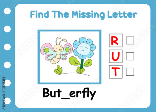 find the missing letter of animal . cute little butterfly