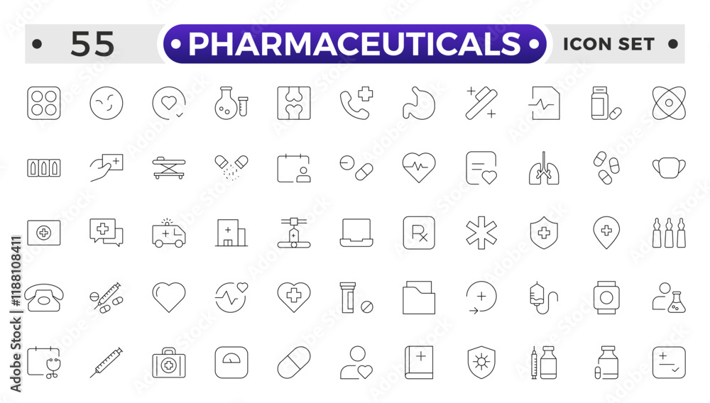 Pharmaceuticals Icon set collection. Set of vector line icons of Medicine and health for web and apps. modern icon and various concepts, Set of flat signs and symbols for web and apps. Pharmaceuticals Icon set collection. Set of vector line icons of Medicine and health for web and apps. modern icon and various concepts, Set of flat signs and symbols for web and apps.