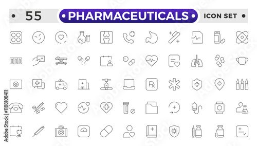 Pharmaceuticals Icon set collection. Set of vector line icons of Medicine and health for web and apps. modern icon and various concepts, Set of flat signs and symbols for web and apps.