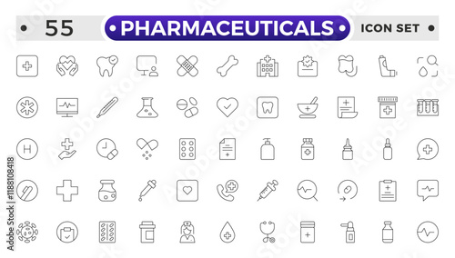 Pharmaceuticals Icon set collection. Set of vector line icons of Medicine and health for web and apps. modern icon and various concepts, Set of flat signs and symbols for web and apps.