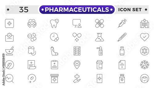 Pharmaceuticals Icon set collection. Set of vector line icons of Medicine and health for web and apps. modern icon and various concepts, Set of flat signs and symbols for web and apps.