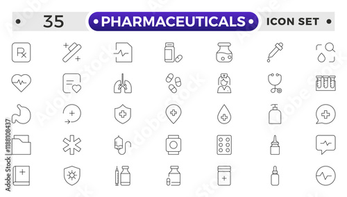 Pharmaceuticals Icon set collection. Set of vector line icons of Medicine and health for web and apps. modern icon and various concepts, Set of flat signs and symbols for web and apps.