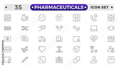 Pharmaceuticals Icon set collection. Set of vector line icons of Medicine and health for web and apps. modern icon and various concepts, Set of flat signs and symbols for web and apps.