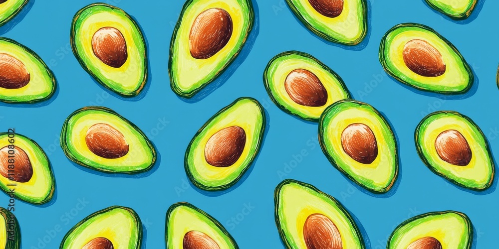 Vibrant avocado pattern set against a blue background, showcasing the delightful design of avocados. This avocado pattern adds fun and freshness to any creative project. Vibrant avocado pattern set against a blue background, showcasing the delightful design of avocados. This avocado pattern adds fun and freshness to any creative project.