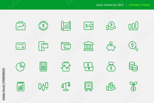 Basic business financial icon pack , Simple minimal outline with editable stroke. banking and money concept. editable stroke