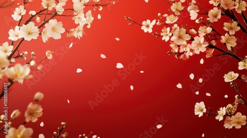 A bright red background with identical golden cherry blossom branches extending from both sides, delicate petals falling gently and scattered across the surface, creating a soft and festive mood,.