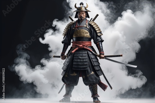 A samurai warrior in full armor stands defiantly amidst swirling smoke, wielding two katana swords. photo