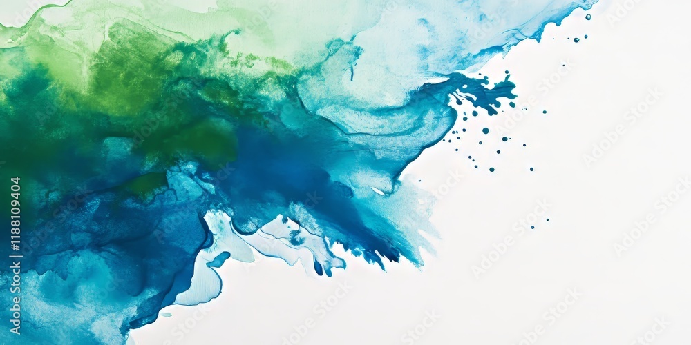 A vivid close up showcases a watercolor splash merging blue and green hues against a bright white backdrop, emphasizing the artworks harmonious color balance in an abstract style. A vivid close up showcases a watercolor splash merging blue and green hues against a bright white backdrop, emphasizing the artworks harmonious color balance in an abstract style.