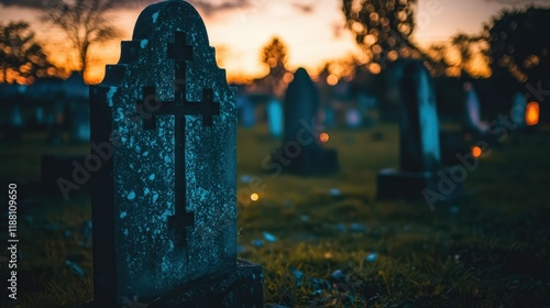 Weathered Gravestone with Cross at Twilight in Cemetery Landscape photo