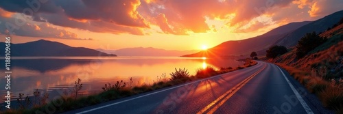 Lake at sunset, asphalt road curves gently towards the sun, light, sunset