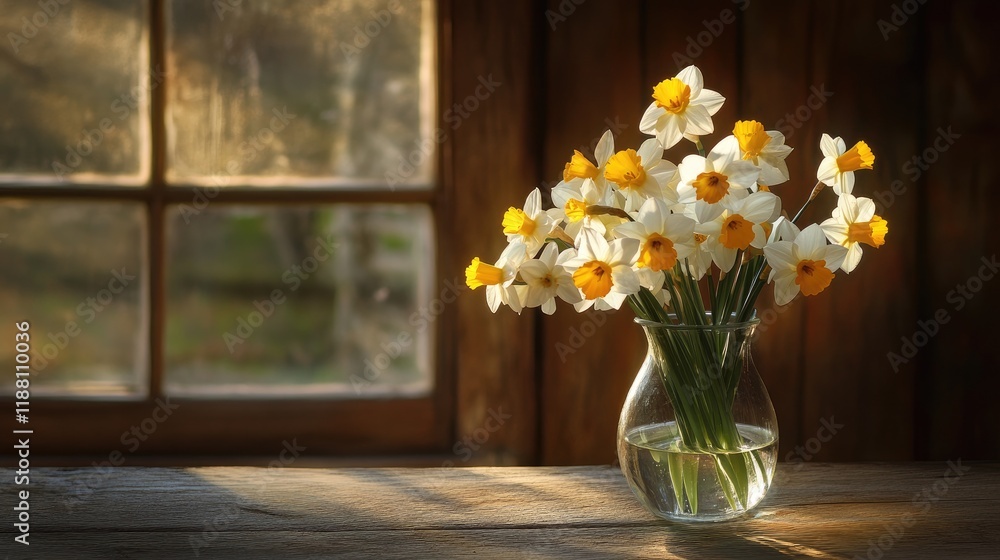 A beautiful bunch of white and yellow daffodils, arranged in a simple glass vase, with soft light highlighting the petals. A beautiful bunch of white and yellow daffodils, arranged in a simple glass vase, with soft light highlighting the petals.