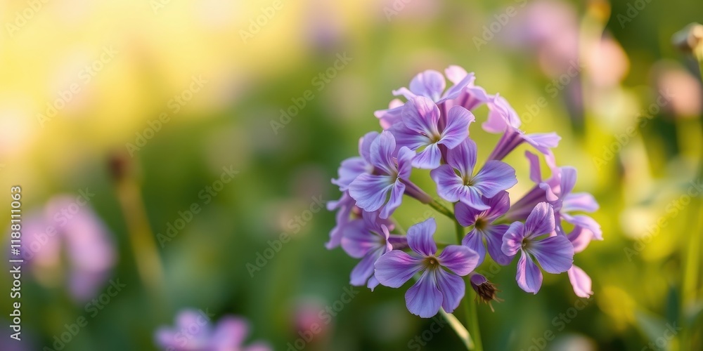 A cluster of delicate lilac flowers with soft, velvety petals, bathed in warm sunlight, against a backdrop of vibrant green foliage. A cluster of delicate lilac flowers with soft, velvety petals, bathed in warm sunlight, against a backdrop of vibrant green foliage.