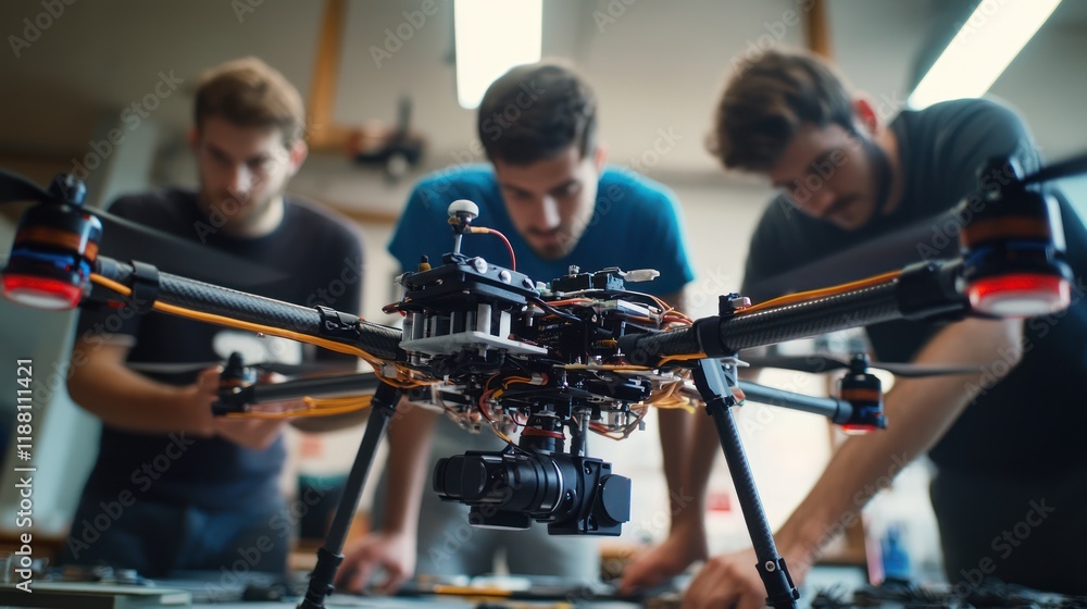 Engineers inspecting drone. Engineers inspecting drone.