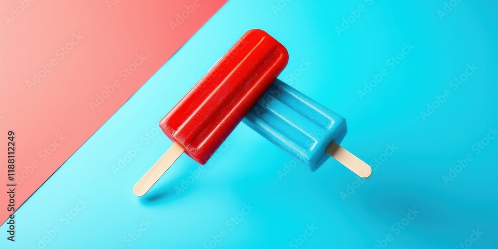 Two popsicles, one red and one blue, with wooden sticks, on a contrasting blue and pink backdrop Two popsicles, one red and one blue, with wooden sticks, on a contrasting blue and pink backdrop