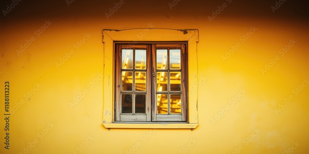Obraz premium A single wooden window with multiple panes set against a bright yellow wall, revealing a glimpse of the world outside