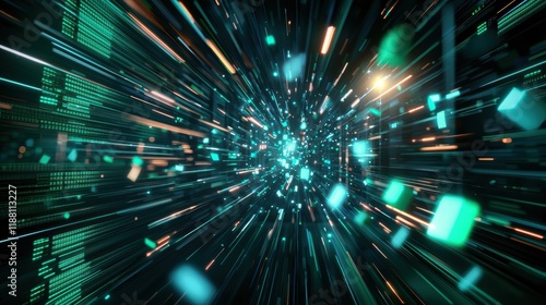 High-Tech Server Room with Rows of Illuminated Components and Dynamic Data Flow Effects