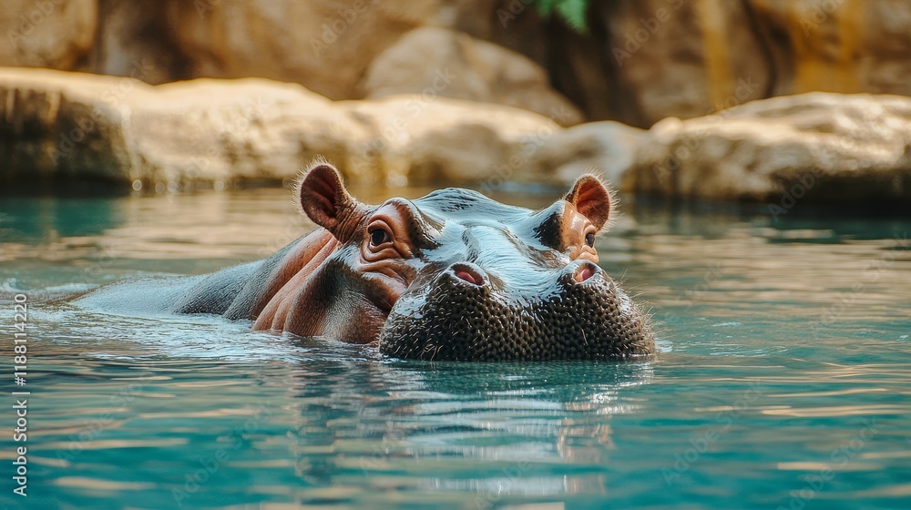 Fototapeta premium Hippopotamus amphibius at the zoo enjoys swimming in the water and relaxing. The hippopotamus amphibius is a large animal perfectly adapted for both aquatic and terrestrial environments.