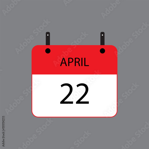 Calendar icon with April 22 date on grey background. Vector schedule symbol.