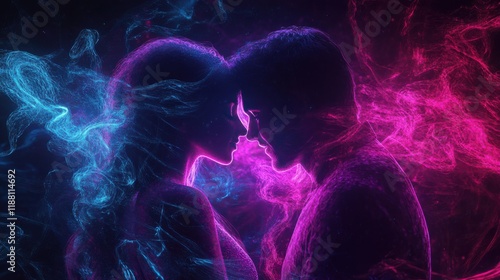 Abstract lovers in neon light and smoke