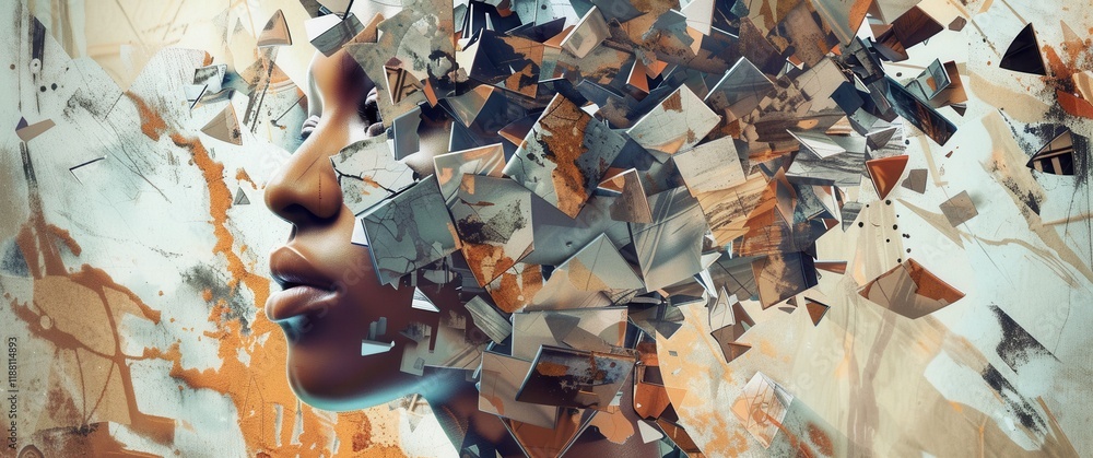 Thought process concept art. A woman's face emerges from a vibrant collage of fragmented shapes and muted tones, suggesting brainstorming and problem-solving. Thought process concept art. A woman's face emerges from a vibrant collage of fragmented shapes and muted tones, suggesting brainstorming and problem-solving.