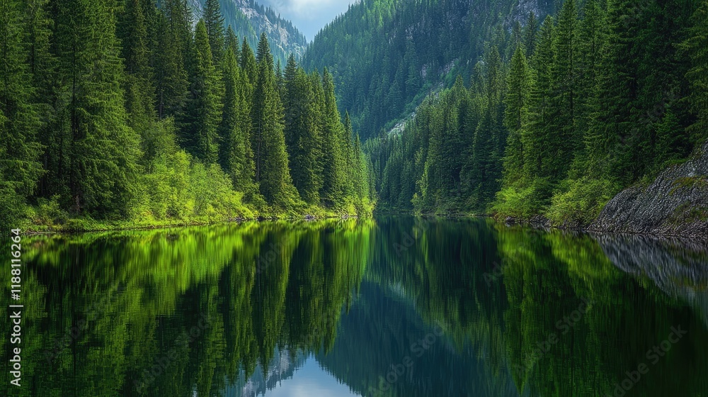A tranquil river running through a forest, with tall, slender trees lining the banks, reflecting in the calm water. A tranquil river running through a forest, with tall, slender trees lining the banks, reflecting in the calm water.