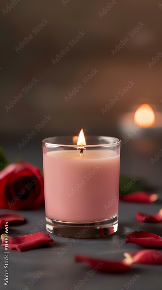 Pink candle burning, rose petals, romantic setting, dark background, spa advertisement Pink candle burning, rose petals, romantic setting, dark background, spa advertisement