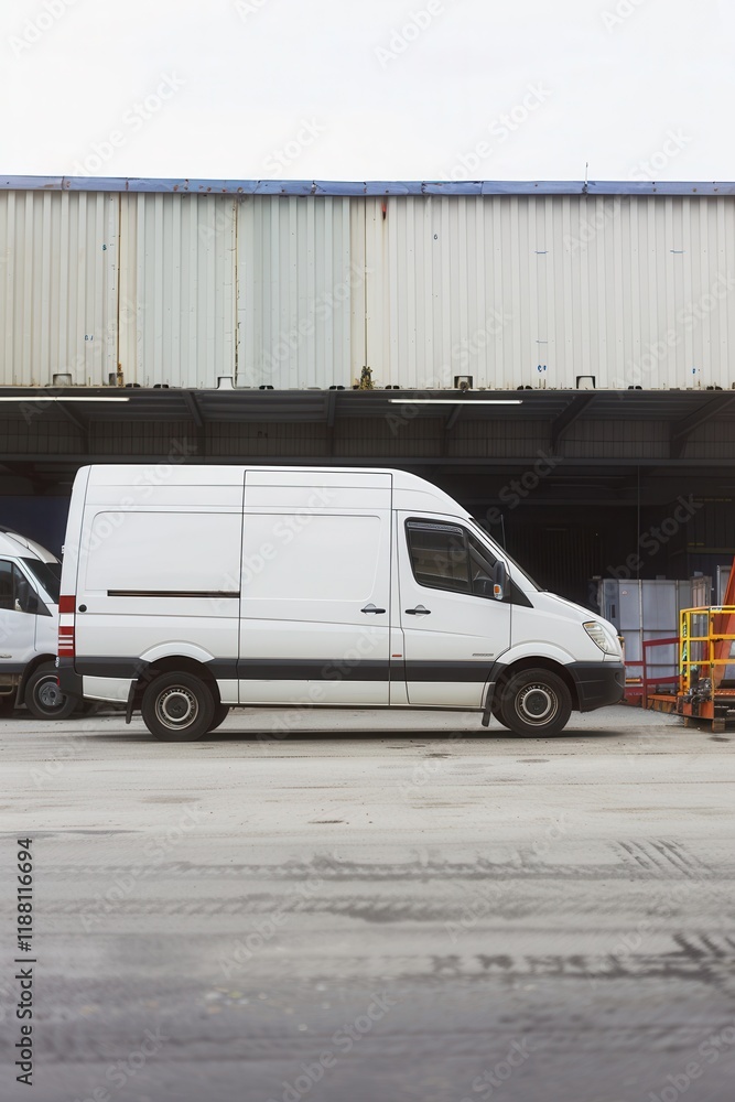 Blank white delivery van parked near warehouse. Logistics and transportation theme. Loading equipment and containers surround it. Empty van side visible. Blank white delivery van parked near warehouse. Logistics and transportation theme. Loading equipment and containers surround it. Empty van side visible.